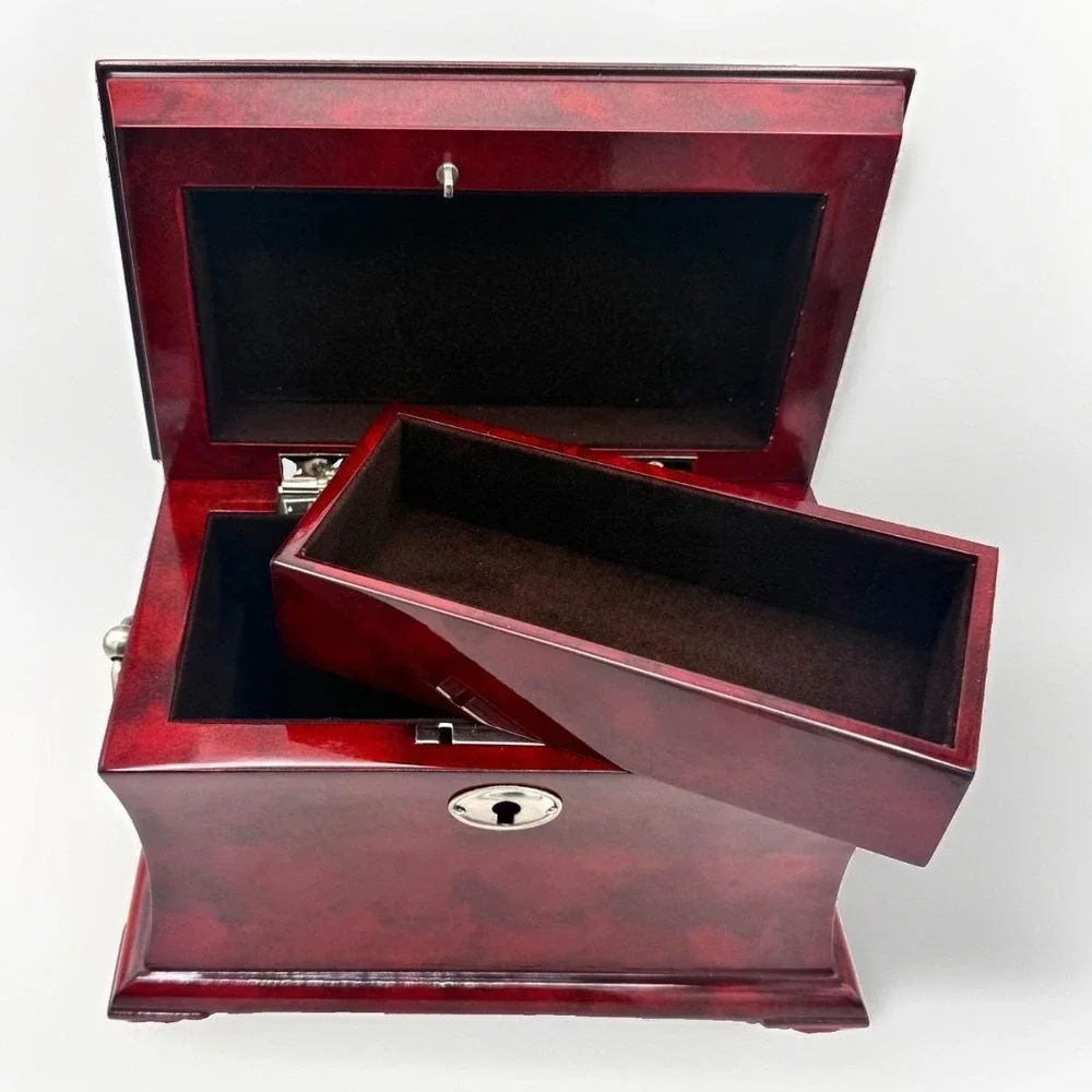 Vintage Burgundy Lacquer Pagoda Jewelry Chest Global Views w/Keys Removable Tray